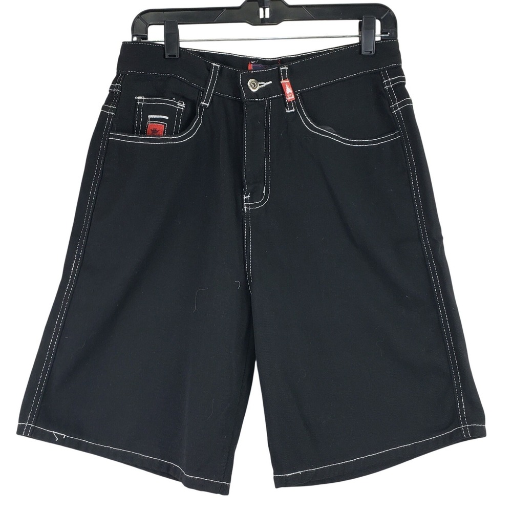JNCO Jeans Denim Shorts Mens L Black Wide Leg Skater Y2K Flame Logo Streetwear